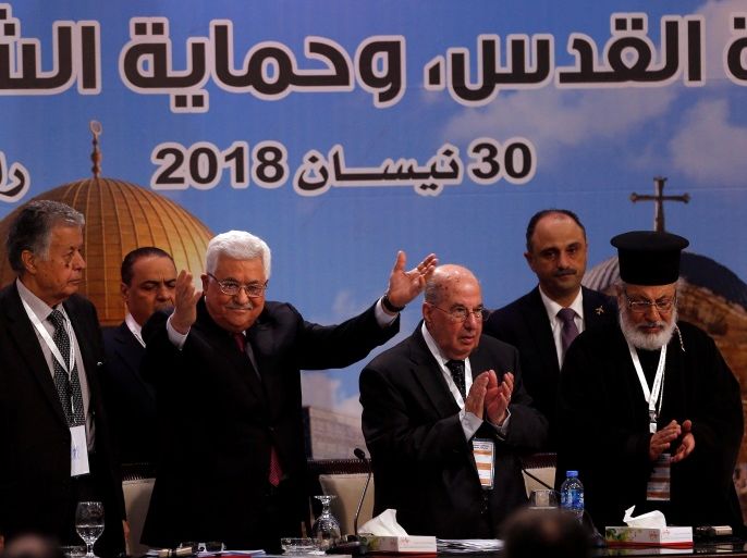 Palestinian President Mahmoud Abbas gestures during the Palestinian National Council meeting in Ramallah, in the occupied West Bank April 30, 2018. REUTERS/Mohamad Torokman