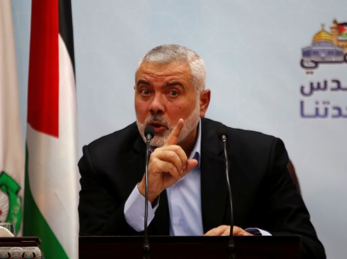 Hamas Chief Ismail Haniyeh gestures as he delivers a speech in Gaza City January 23, 2018. REUTERS/Mohammed Salem