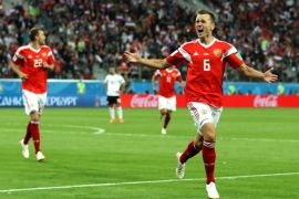 SAINT PETERSBURG, RUSSIA - JUNE 19: Denis Cheryshev of Russia celebrates after scoring his team's second goal during the 2018 FIFA World Cup Russia group A match between Russia and Egypt at Saint Petersburg Stadium on June 19, 2018 in Saint Petersburg, Russia. (Photo by Richard Heathcote/Getty Images)