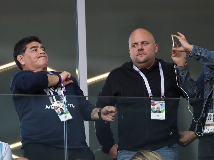 Soccer Football - World Cup - Group D - Argentina vs Iceland - Spartak Stadium, Moscow, Russia - June 16, 2018 Former Argentina player Diego Maradona watches from the stand REUTERS/Carl Recine
