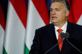 Hungarian Prime Minister Viktor Orban delivers his annual state of the nation speech in Budapest, Hungary, February 18, 2018. Slogan reads