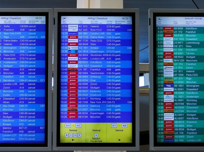 A display panel shows cancelled flights during a warning strike by ground services, security inspection and check-in staff at Tegel airport in Berlin, Germany March 13, 2017. REUTERS/Hannibal Hanschke