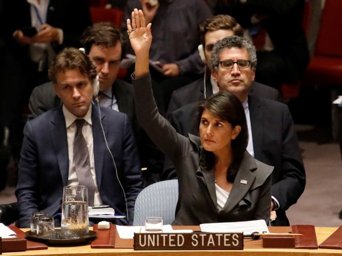 U.S. Ambassador to the United Nations Nikki Haley votes for a U.S. backed resolution for protection of Palestinians civilians during a Security Council meeting at U.N. headquarters in Manhattan, New York, U.S., June 1, 2018. REUTERS/Shannon Stapleton