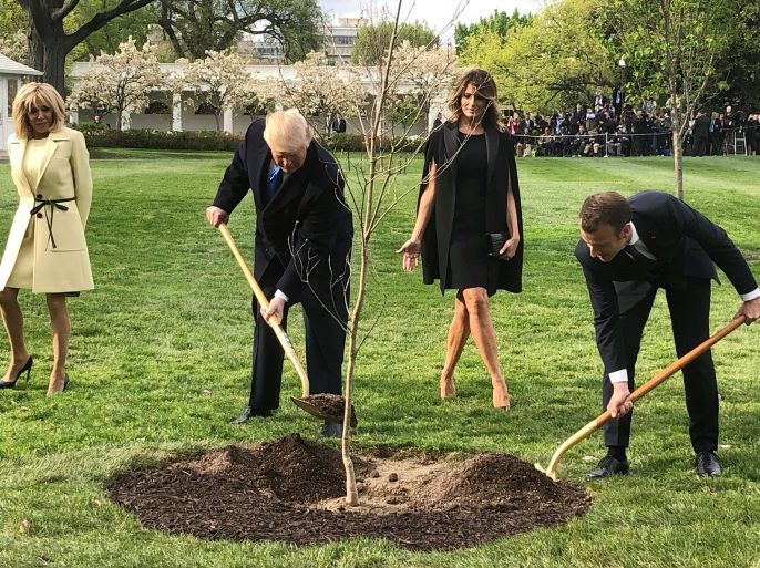 U.S. President Donald Trump and French President Emmanuel Macron shovel dirt onto a freshly planted oak tree as Brigitte Macron and first lady Melania Trump watch during a tree planting ceremony on the South Lawn of the White House in Washington, U.S., April 23, 2018. Picture taken April 23, 2018. REUTERS/Steve Holland