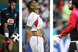 From left: Brazil’s Neymar, Paolo Guerrero of Peru and Egypt’s Mohamed Salah PHOTO: FILIPPO MONTEFORTE/AFP/GETTY IMAGES; MAURO PIMENTELMAURO PIMENTEL/AFP/GETTY IMAGES; RYAN PIERSE/GETTY IMAGES