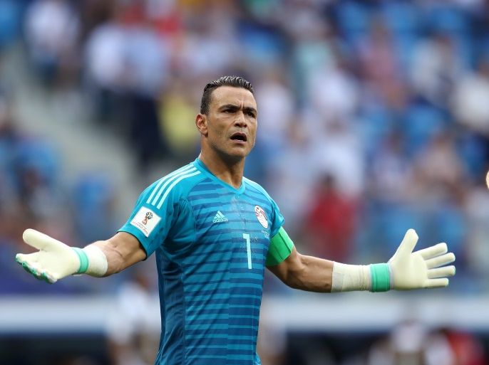 VOLGOGRAD, RUSSIA - JUNE 25: Essam El Hadary of Egypt celebrates after teammate Mohamed Salah scores their team's first goal during the 2018 FIFA World Cup Russia group A match between Saudia Arabia and Egypt at Volgograd Arena on June 25, 2018 in Volgograd, Russia. (Photo by Catherine Ivill/Getty Images)