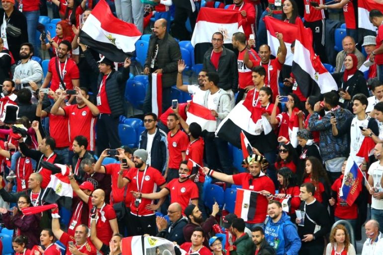 SAINT PETERSBURG, RUSSIA - JUNE 19: Egypt fans enjoy the pre match atmosphere prior to the 2018 FIFA World Cup Russia group A match between Russia and Egypt at Saint Petersburg Stadium on June 19, 2018 in Saint Petersburg, Russia. (Photo by Alex Livesey/Getty Images)