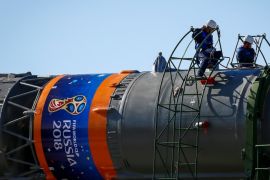 A logo of the 2018 FIFA World Cup is seen on the Soyuz MS-09 spacecraft for the next International Space Station (ISS) crew, formed of astronauts Serena Aunon-Chancellor of the U.S, Alexander Gerst of Germany and cosmonaut Sergey Prokopyev of Russia, as it is transported from an assembling hangar to the launchpad ahead of its upcoming launch, at the Baikonur Cosmodrome, Kazakhstan June 4, 2018. REUTERS/Shamil Zhumatov