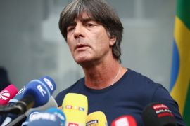 FRANKFURT AM MAIN, GERMANY - JUNE 28: Head coach Joachim Loew of Germany talks to the media during the return of the German national football team from the FIFA World Cup Russia 2018 at Frankfurt International Airport on June 28, 2018 in Frankfurt am Main, Germany. (Photo by Alex Grimm/Bongarts/Getty Images)