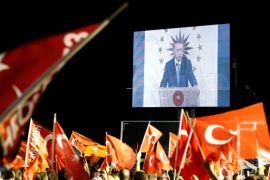 Turkish President Tayyip Erdogan is seen on the screen as he addresses his supporters in Istanbul, Turkey June 24, 2018. REUTERS/Alkis Konstantinidis