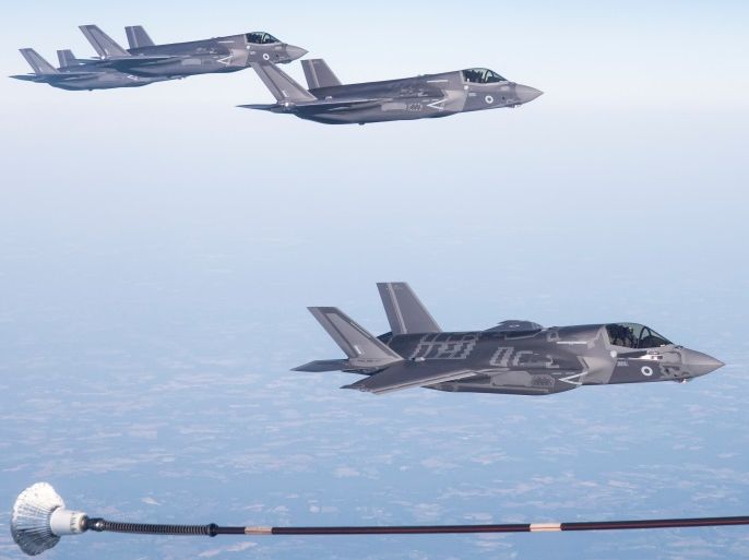 The Royal Air Force's first delivery of F35B aircraft fly from Marine Corps Air Station Beaufort in the U.S. towards their new base RAF Marnham, Britain June 6, 2018. Picture taken June 6, 2018. SAC Nicholas Egan/MoD Handout via REUTERS NO RESALES. NO ARCHIVES THIS IMAGE HAS BEEN SUPPLIED BY A THIRD PARTY. IT IS DISTRIBUTED, EXACTLY AS RECEIVED BY REUTERS, AS A SERVICE TO CLIENTS