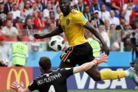 MOSCOW, RUSSIA - JUNE 23: Romelu Lukaku of Belgium scores his team's third goal past Farouk Ben Mustapha of Tunisia during the 2018 FIFA World Cup Russia group G match between Belgium and Tunisia at Spartak Stadium on June 23, 2018 in Moscow, Russia. (Photo by Kevin C. Cox/Getty Images)