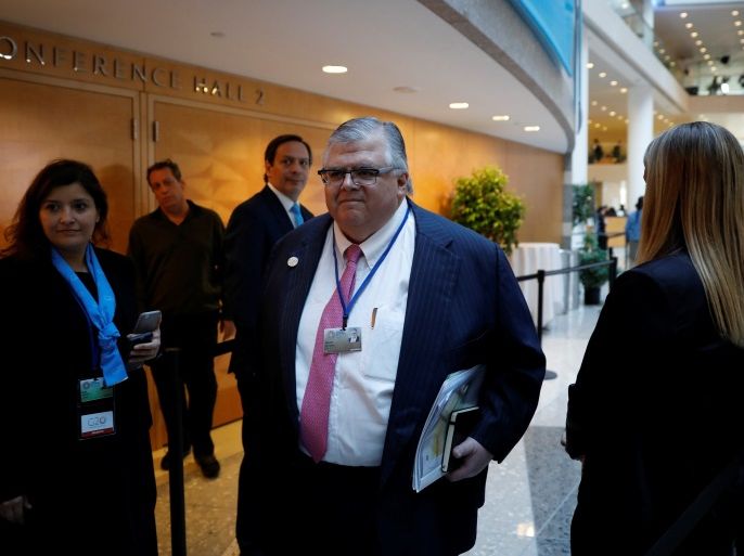 Bank for International Settlements (BIS) General Manager Agustin Carstens arrives for a G20 plenary session during IMF spring meetings in Washington, U.S., April 20, 2018. REUTERS/Aaron P. Bernstein