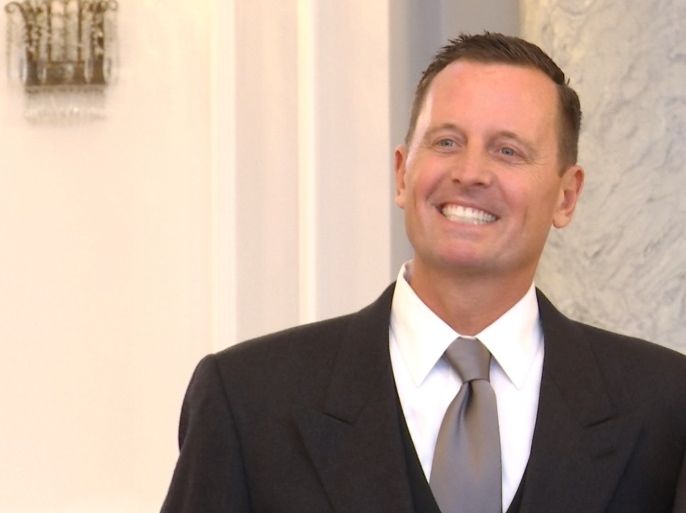 New U.S. ambassador to Germany Richard Allen Grenell pose with German President Frank-Walter Steinmeier (not pictured) after his diplomatic accreditation at Bellevue Palace in Berlin, Germany, in a still image taken from a Reuters TV footage on June 4, 2018. REUTERS/Reuters TV