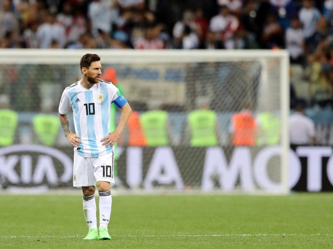 NIZHNY NOVGOROD, RUSSIA - JUNE 21: Lionel Messi of Argentina looks dejected after the 2018 FIFA World Cup Russia group D match between Argentina and Croatia at Nizhny Novgorod Stadium on June 21, 2018 in Nizhny Novgorod, Russia. (Photo by Elsa/Getty Images)