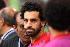 YEKATERINBURG, RUSSIA - JUNE 15: Mohamed Salah of Egypt looks on during the natonal anthems prior to the 2018 FIFA World Cup Russia group A match between Egypt and Uruguay at Ekaterinburg Arena on June 15, 2018 in Yekaterinburg, Russia. (Photo by Matthias Hangst/Getty Images)