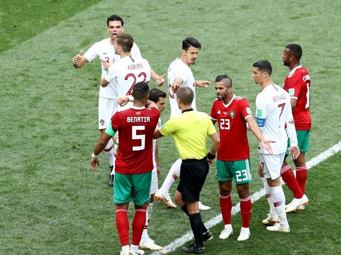 MOSCOW, RUSSIA - JUNE 20: Pepe of Portugal argues with Mehdi Benatia of Morocco during the 2018 FIFA World Cup Russia group B match between Portugal and Morocco at Luzhniki Stadium on June 20, 2018 in Moscow, Russia. (Photo by Maddie Meyer/Getty Images)
