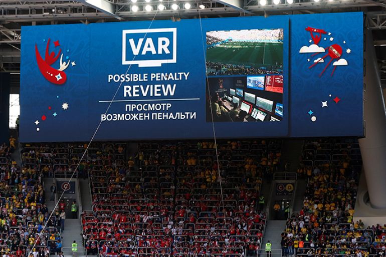 Soccer Football - World Cup - Group E - Brazil vs Costa Rica - Saint Petersburg Stadium, Saint Petersburg, Russia - June 22, 2018 The VAR review screen as a penalty award to Brazil was rescinded REUTERS/Lee Smith