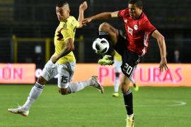 epa06779255 Samir Saad (R) of Egypt and Uribe Mateus (L) of Colombia in action during the international friendly soccer match between Egypt and Colombia, at Stadio di Bergamo, Italy, 01 June 2018. EPA-EFE/PAOLO MAGNI eco