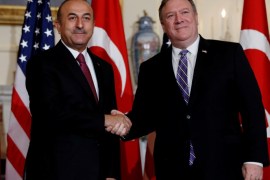 U.S. Secretary of State Mike Pompeo shakes hands with Turkish Foreign Minister Mevlut Cavusoglu at the State Department in Washington, U.S., June 4, 2018. REUTERS/Leah Millis