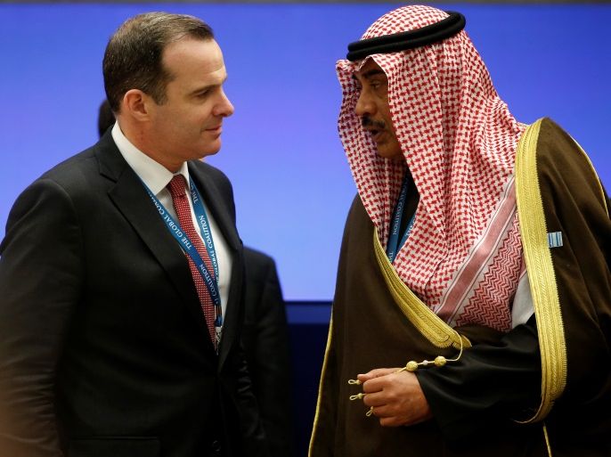 Special Presidential Envoy for the Global Coalition to Counter ISIS Brett McGurk speaks with Kuwaiti Deputy Foreign Minister Khaled Al-Jarallah at the morning ministerial plenary for the Global Coalition working to Defeat ISIS at the State Department in Washington, U.S., March 22, 2017. REUTERS/Joshua Roberts