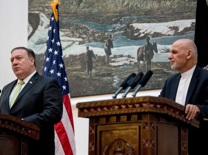 U.S. Secretary of State Mike Pompeo accompanied by Afghan President Ashraf Ghani speaks at a news conference at the Presidential Palace in Kabul, Afghanistan, July 9, 2018. Andrew Harnik/Pool via Reuters