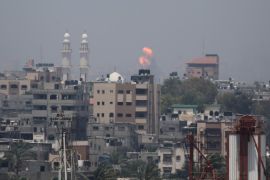 An explosion is seen following Israeli strikes in Gaza Strip July 14, 2018. REUTERS/Ibraheem Abu Mustafa