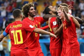 ROSTOV-ON-DON, RUSSIA - JULY 02: Nacer Chadli of Belgium celebrates after scoring his team's third goal with team mates during the 2018 FIFA World Cup Russia Round of 16 match between Belgium and Japan at Rostov Arena on July 2, 2018 in Rostov-on-Don, Russia. (Photo by Kevin C. Cox/Getty Images)