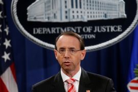 Deputy U.S. Attorney General Rod Rosenstein announces grand jury indictments of 12 Russian intelligence officers in special counsel Robert Mueller's Russia investigation, during a news conference at the Justice Department in Washington, U.S., July 13, 2018. REUTERS/Leah Millis