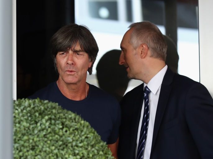 FRANKFURT AM MAIN, GERMANY - JUNE 28: Head coach Joachim Loew comes out for a statement during the return of the German national football team from the FIFA World Cup Russia 2018 at Frankfurt International Airport on June 28, 2018 in Frankfurt am Main, Germany. (Photo by Alex Grimm/Bongarts/Getty Images)
