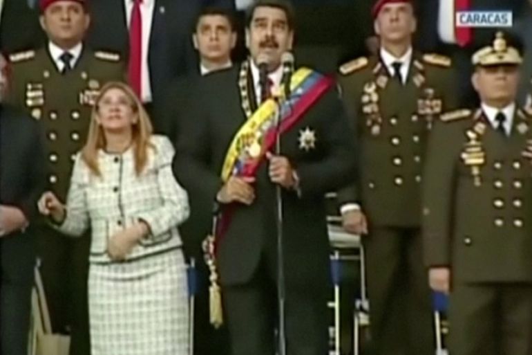 Venezuelan President Nicolas Maduro reacts during an event which was interrupted, in this still frame taken from video August 4, 2018, Caracas, Venezuela. VENEZUELAN GOVERNMENT TV/Handout via REUTERS TV. ATTENTION EDITORS - THIS IMAGE HAS BEEN PROVIDED BY A THIRD PARTY.