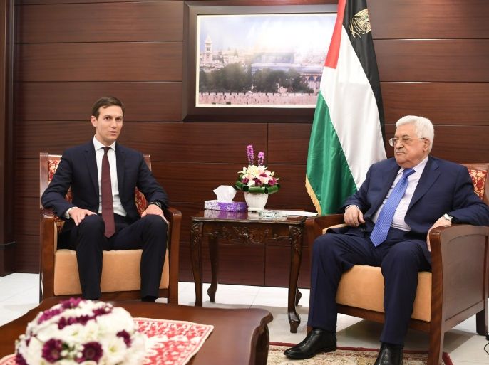 RAMALLAH, WEST BANK - AUGUST 24: In this handout image provided by the Palestinian Press Office (PPO), Palestinian President Mahmoud Abbas (R) meets with Jared Kushner (L), White House Advisor and son-in-law of U.S. President Donald Trump, on August 24, 2017 in Ramallah, West Bank. (Photo by Osama Falah/PPO via Getty Images)