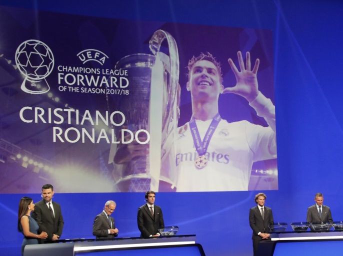 Soccer Football - Champions League Group Stage Draw - Grimaldi Forum, Monaco - August 30, 2018 General view during the draw as Cristiano Ronaldo is shown on the big screen having won the UEFA Champions League Forward of the Season award REUTERS/Eric Gaillard