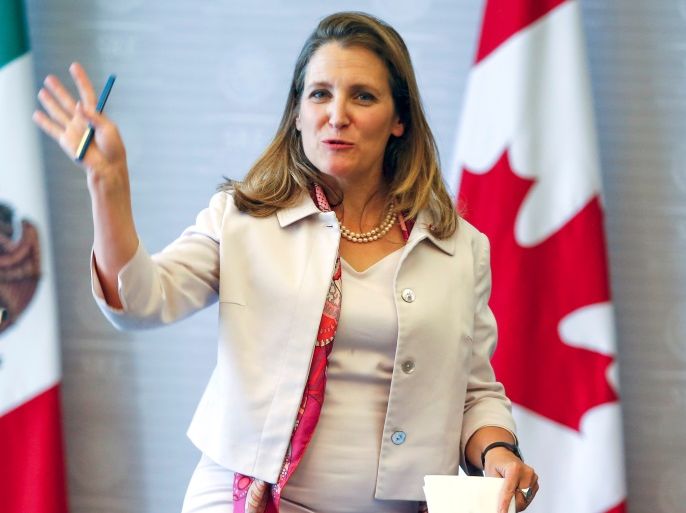 Canada's Foreign Minister Chrystia Freeland gestures after delivering a joint message along Mexico's Foreign Minister Luis Videgaray and Mexico's Economy Minister Ildefonso Guajardo (not pictured) in Mexico City, Mexico July 25, 2018. REUTERS/Gustavo Graf