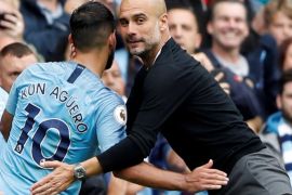 Soccer Football - Premier League - Manchester City v Huddersfield Town - Etihad Stadium, Manchester, Britain - August 19, 2018 Manchester City manager Pep Guardiola hugs Sergio Aguero as he is substituted off Action Images via Reuters/Carl Recine EDITORIAL USE ONLY. No use with unauthorized audio, video, data, fixture lists, club/league logos or