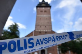 Police tape is pictured at Strangnas Cathedral after thieves stole royal crowns from the 17th century, in Strangnas, Sweden July 31, 2018. Picture taken July 31, 2018. TT News Agency/Pontus Stenberg/via REUTERS ATTENTION EDITORS - THIS IMAGE WAS PROVIDED BY A THIRD PARTY. SWEDEN OUT. NO COMMERCIAL OR EDITORIAL SALES IN SWEDEN.