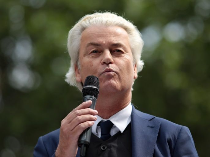 LONDON, ENGLAND - JUNE 09: Dutch Leader of the Opposition Geert Wilders of nationalist Party for Freedom speaks during a 'Free Tommy Robinson' Protest on Whitehall on June 9, 2018 in London, England. Protesters are calling for the release of English Defense League (EDL) leader Tommy Robinson who is serving 13 months in prison for contempt of court. (Photo by Dan Kitwood/Getty Images)