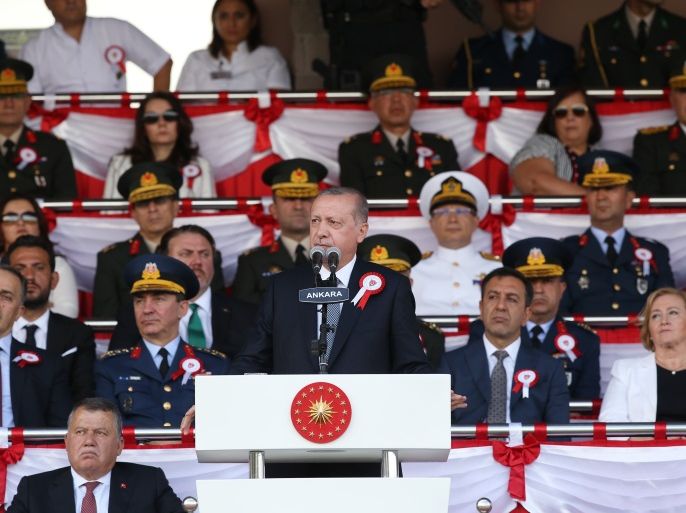 96th Anniversary of Turkey’s Victory Day- - ANKARA, TURKEY - AUGUST 30 : President of Turkey Recep Tayyip Erdogan speaks during the graduation ceremony of officer candidates of National Defense University Turkish Military Academy on the 96th Anniversary of Turkey’s Victory Day in Ankara, Turkey on August 30, 2018.