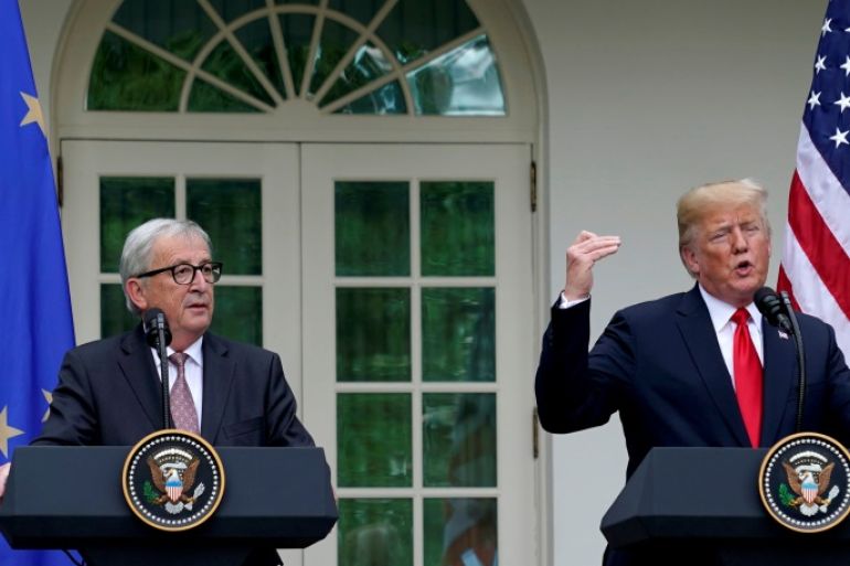 U.S. President Donald Trump and President of the European Commission Jean-Claude Juncker speak about trade relations in the Rose Garden of the White House in Washington, U.S., July 25, 2018. REUTERS/Joshua Roberts
