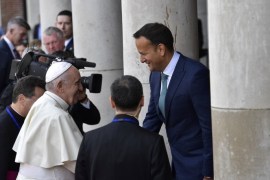 Pope Francis is welcomed by Leo Varadkar, Ireland's prime minister, at Dublin Castle on Saturday during his visit to Ireland. (Vatican/Reuters) (VATICAN MEDIA/Reuters)