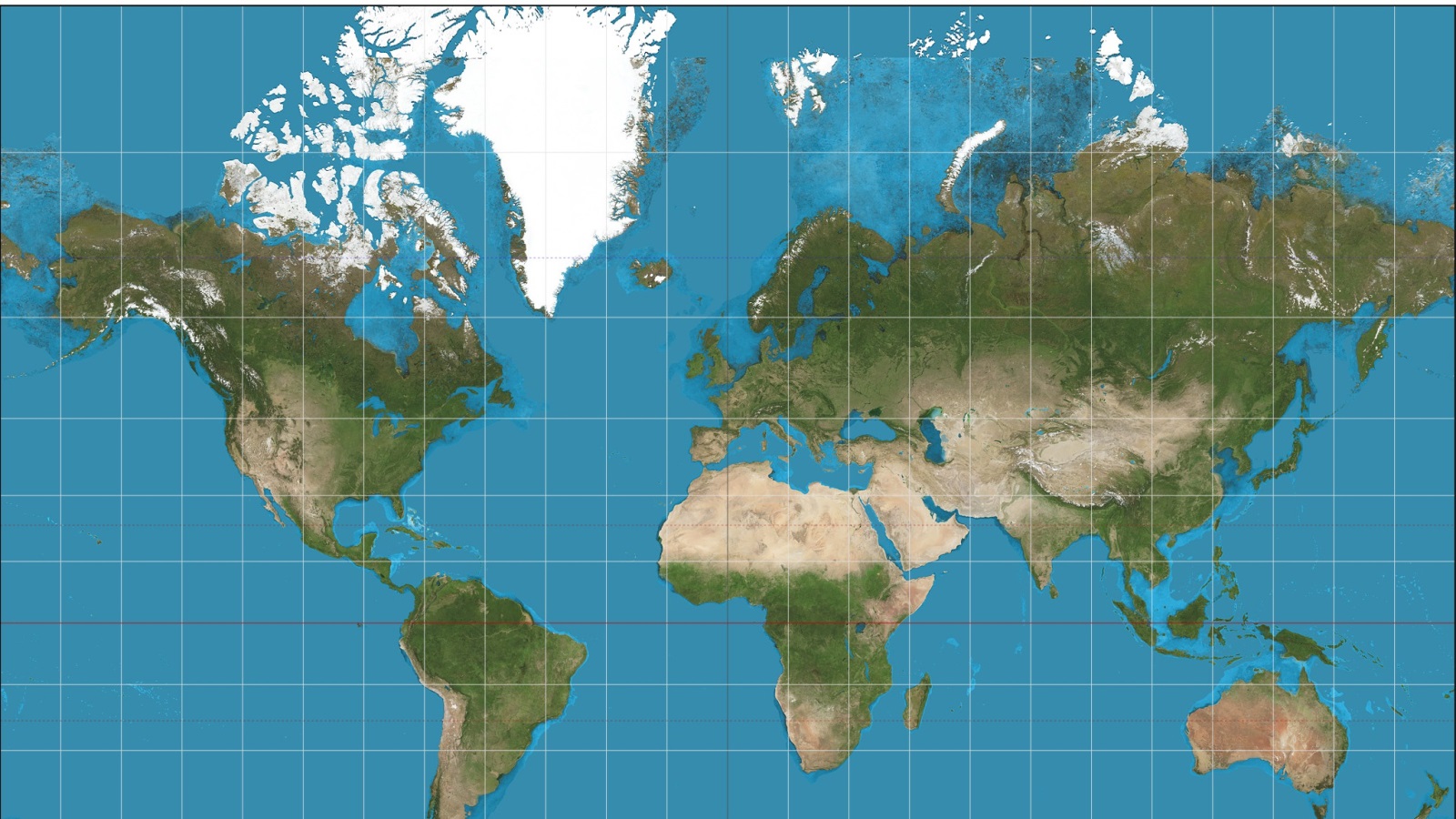 إسقاط ميركاتور يعتمد الأسلوب الأسطواني لرسم خارطة الأرض بشكل مسطح مما يجعل غرينلاند تبدو أكبر من أفريقيا