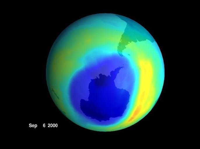 The largest ozone hole ever seen has opened up over Antartica, a sign that ozone-depleting gases churned out years ago are just now coming to their peak, NASA scientists reported September 8, 2000. Seen in this image released by the National Aeronautics and Space Administration, the hole appears as a giant blue blob which spreads over about 11 million square miles (28.3 milion square kilometers).