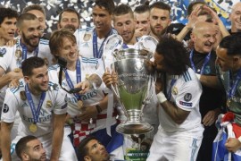 Real Madrid wins UEFA Champions League title- - KIEV, UKRAINE - MAY 26: Real Madrid players celebrate the victory after winning against Liverpool FC in the UEFA Champions League final football match at the Olimpiyskiy stadium in Kiev, Ukraine, on May 26, 2018.