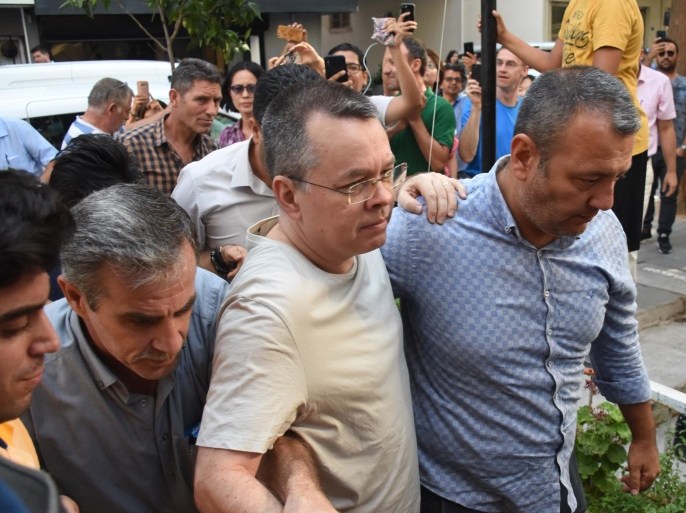 US pastor Andrew Brunson (C) is released from jail and will be put under house arrest during the duration of his trial, at Aliaga Prison in Izmir, Turkey, 25 July 2018.