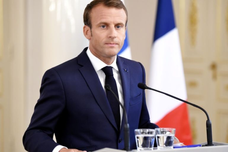 French President Emmanuel Macron reacts during a news conference with Finland's President Sauli Niinisto (not pictured) at the Presidential Palace in Helsinki, Finland August 30, 2018. Lehtikuva/Antti Aimo-Koivisto via REUTERS ATTENTION EDITORS - THIS IMAGE WAS PROVIDED BY A THIRD PARTY. NO THIRD PARTY SALES. NOT FOR USE BY REUTERS THIRD PARTY DISTRIBUTORS. FINLAND OUT. NO COMMERCIAL OR EDITORIAL SALES IN FINLAND.