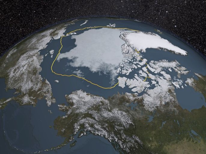 The 2015 Arctic sea ice summertime minimum is 699,000 square miles below the 1981-2010 average, shown here as a gold line in this visual representation of a NASA analysis of satellite data released September 14, 2015. The 2015 Arctic sea ice minimum extent is the fourth lowest on record since observations from space began, according to NASA. REUTERS/NASA/Goddard Scientific Visualization Studio/Handout via Reuters THIS IMAGE HAS BEEN SUPPLIED BY A THIRD PARTY. IT IS