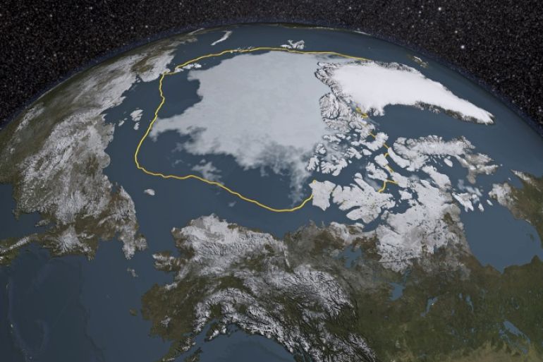 The 2015 Arctic sea ice summertime minimum is 699,000 square miles below the 1981-2010 average, shown here as a gold line in this visual representation of a NASA analysis of satellite data released September 14, 2015. The 2015 Arctic sea ice minimum extent is the fourth lowest on record since observations from space began, according to NASA. REUTERS/NASA/Goddard Scientific Visualization Studio/Handout via Reuters THIS IMAGE HAS BEEN SUPPLIED BY A THIRD PARTY. IT IS