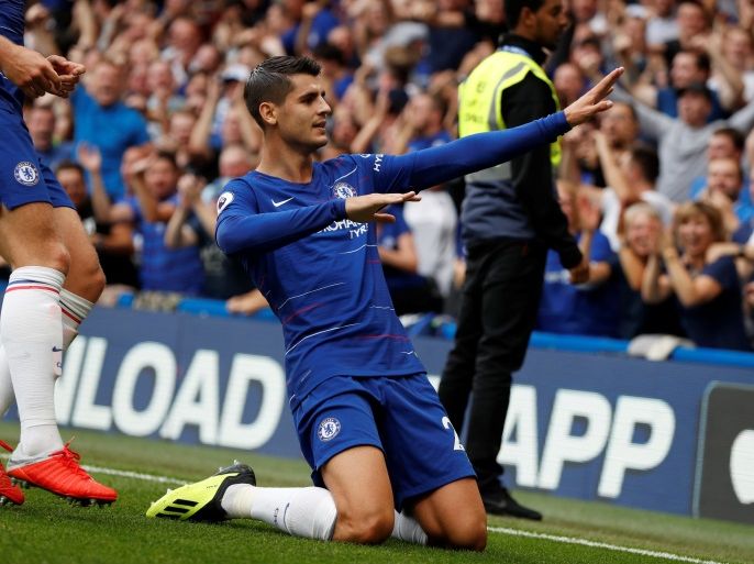 Soccer Football - Premier League - Chelsea v Arsenal - Stamford Bridge, London, Britain - August 18, 2018 Chelsea's Alvaro Morata celebrates scoring their second goal Action Images via Reuters/John Sibley EDITORIAL USE ONLY. No use with unauthorized audio, video, data, fixture lists, club/league logos or