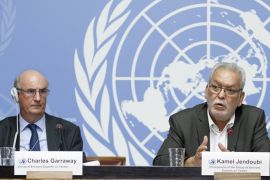 epa06978036 Kamel Jendoubi, (R), Chairperson of the Group of Eminent Experts on Yemen, sitting next to Charles Garraway, (L), member of the Group of Eminent Experts on Yemen, inform the media on the publication of its report on the establishment of facts and circumstances surrounding alleged violations and abuses committed by all parties to the conflict in Yemen, during a press conference, at the European headquarters of the United Nations in Geneva,, Switzerland, 28 August 2018. EPA-EFE/SALVATORE DI NOLFI
