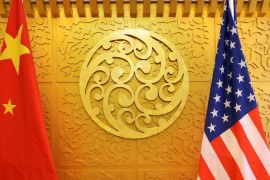 Chinese and U.S. flags are set up for a meeting during a visit by U.S. Secretary of Transportation Elaine Chao at China's Ministry of Transport in Beijing, China April 27, 2018. Picture taken April 27, 2018. REUTERS/Jason Lee